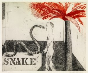 Etching by David Hockney featuring a nude man standing face to face with a large snake which sits atop a stand with the word SNAKE stencilled on it. To the right of the man is a pal tree with grey trunk and red leaves