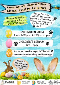 Blue background with bunnies and Easter eggs.
