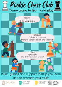 Blue checkerboard background with cartoon chess pieces and children - Poster advertising new Rookie Chess Club