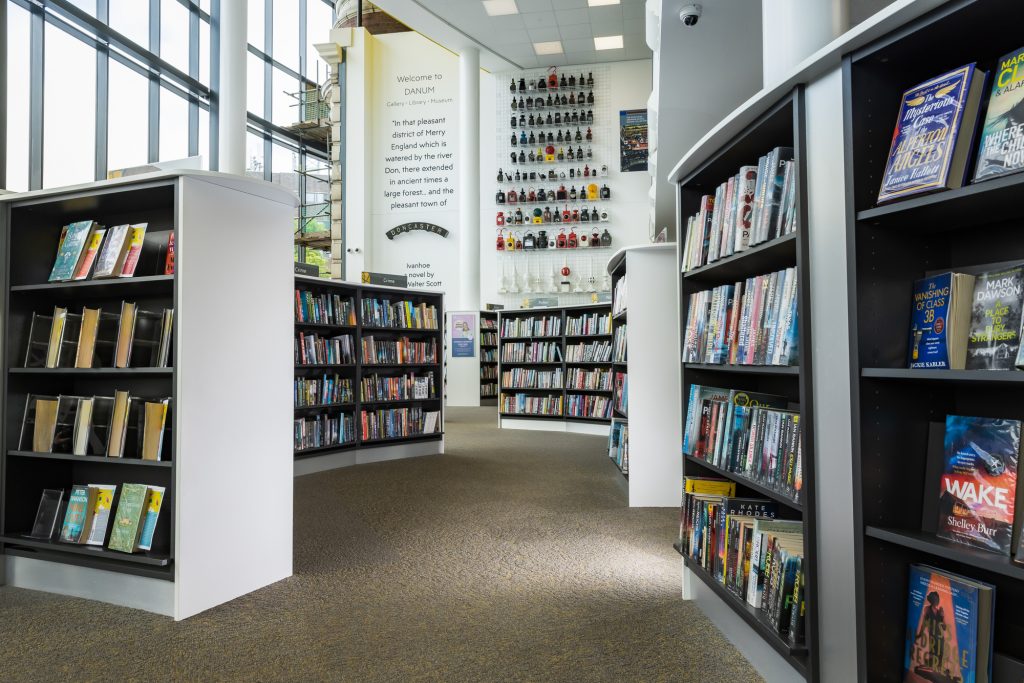 book shelves in a library space