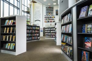 book shelves in a library space
