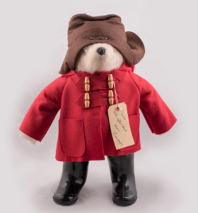 Paddington Bear teddy with red coat, black wellington boots and brown hate