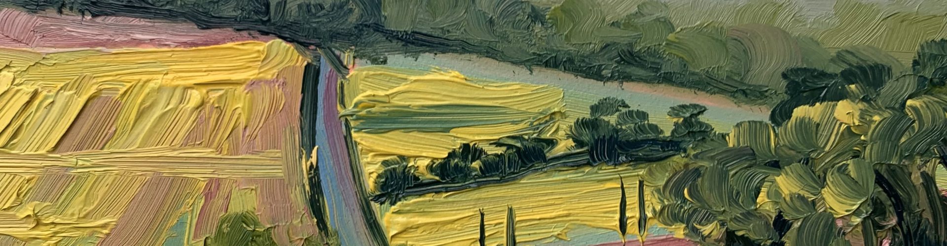 Painting of fields in yellow and green